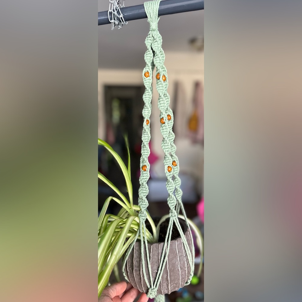 Green Macrame Plant Hanger with Beads
